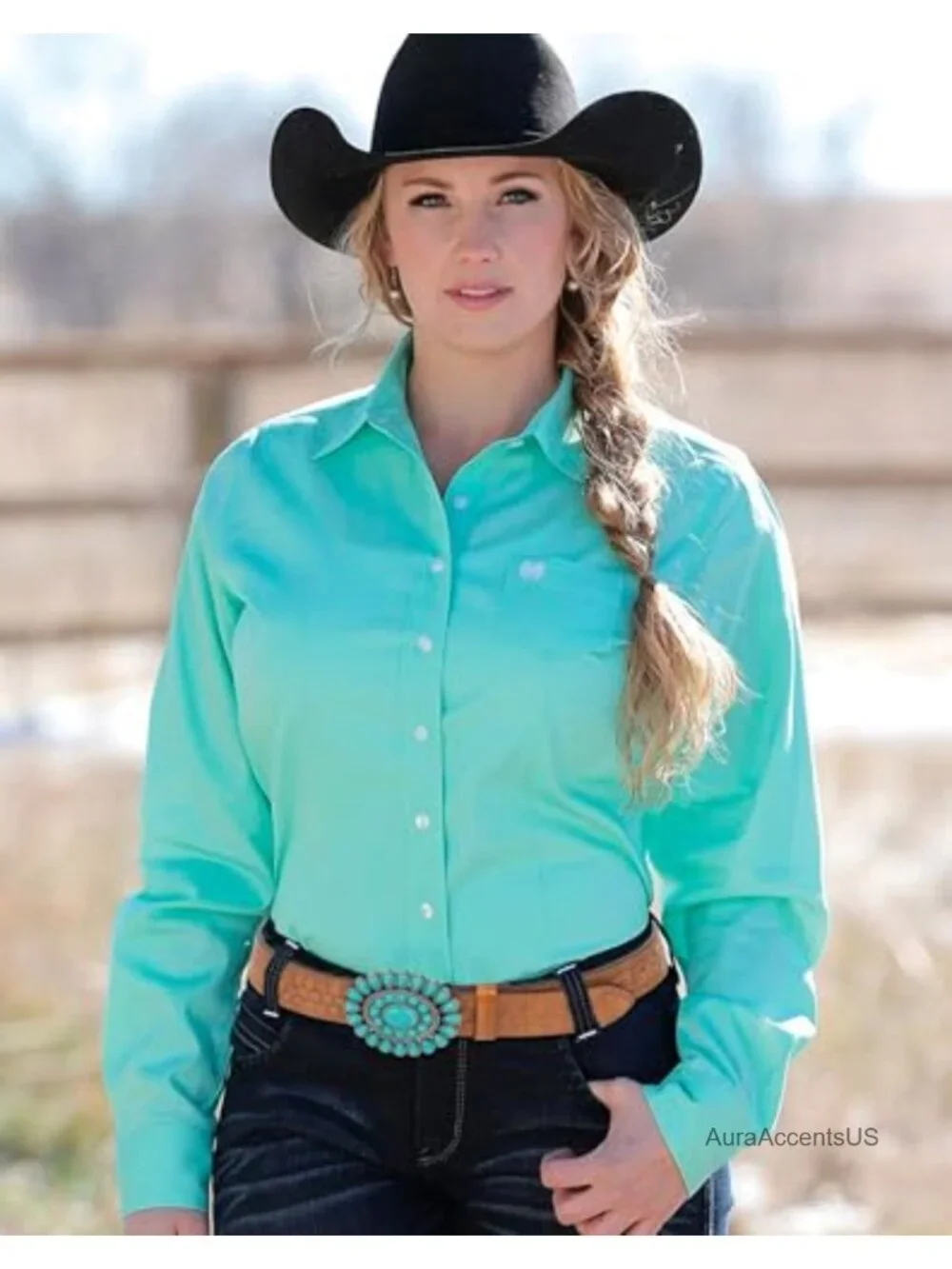 Western Cowgirl PU Leather Belt with Turquoise Buckle for Women Dress Waist